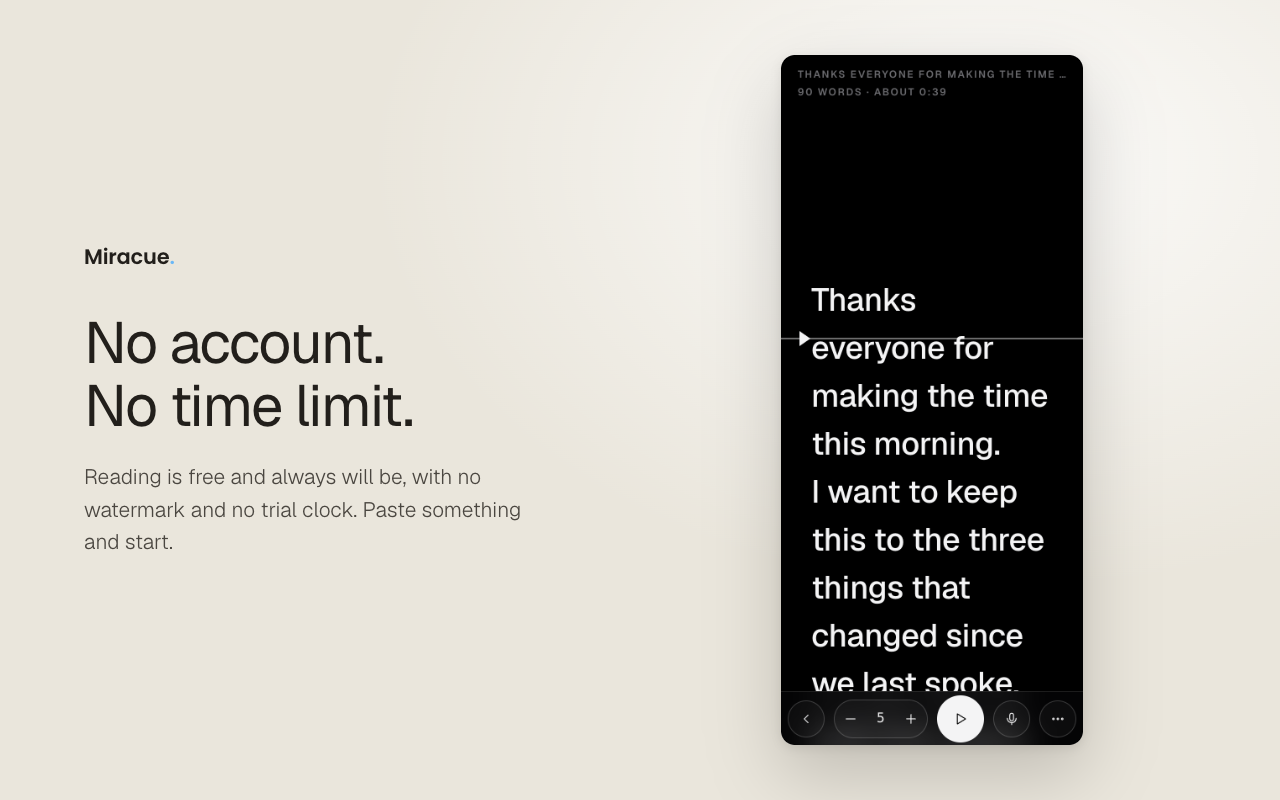 The Miracue side panel reading a pasted script with no sign-in prompt anywhere in view.