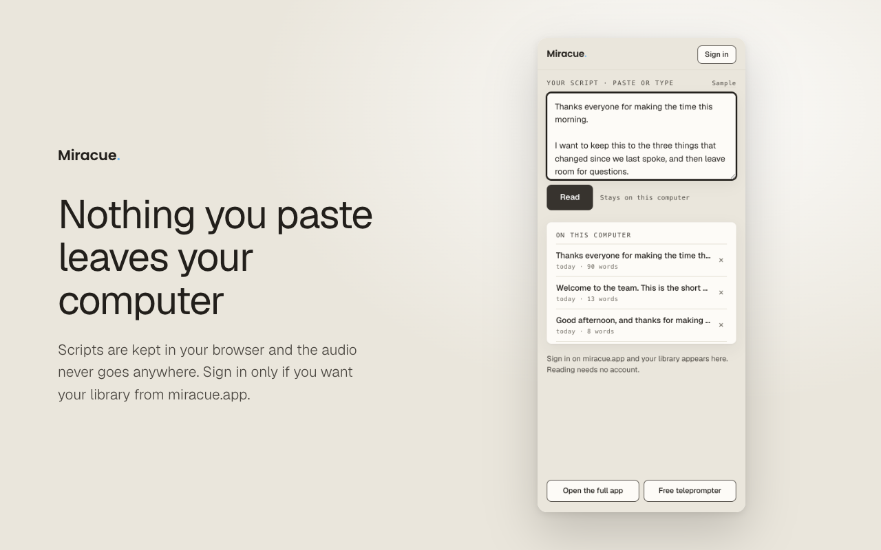 The panel's settings showing text size, line spacing and margins, with a note that scripts are stored in this browser.