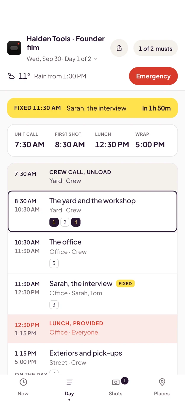 The Day tab: the running order you built, on the crew's phone
