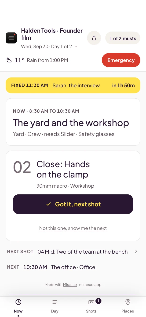 The Now tab after shot 01 is checked off: the next shot moves up, with an undo