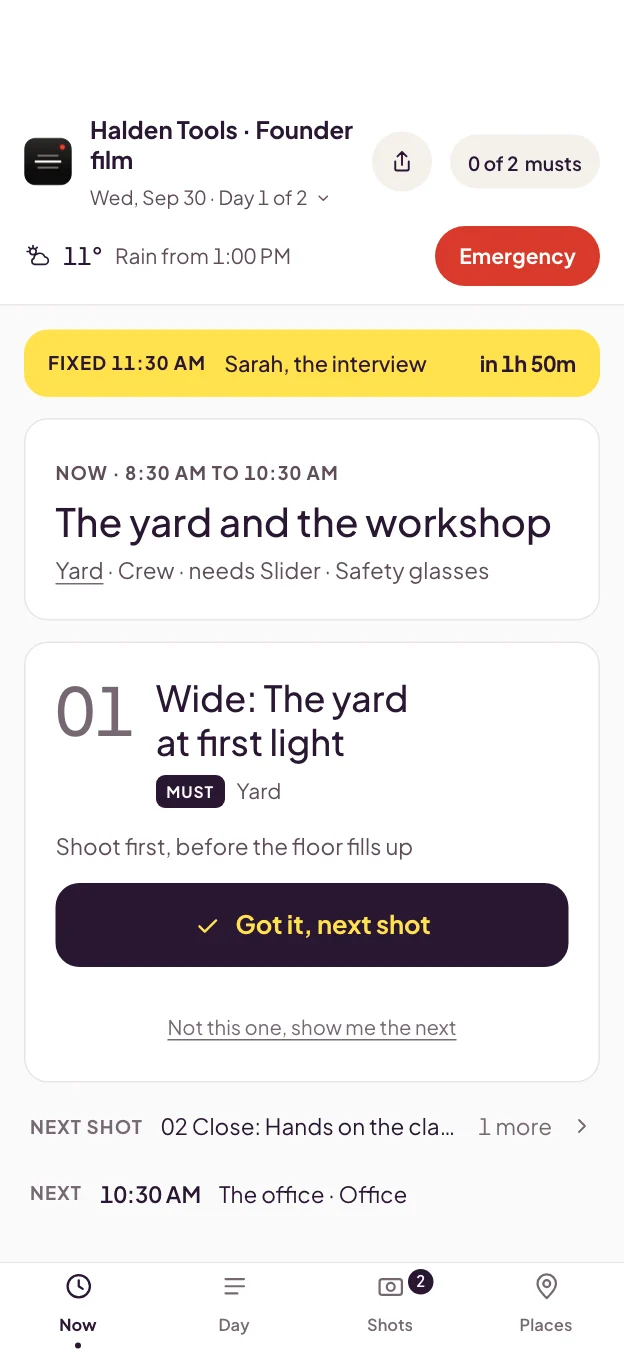The Miracue shoot day on a phone: the fixed interview, what is shooting now, the shots still to get