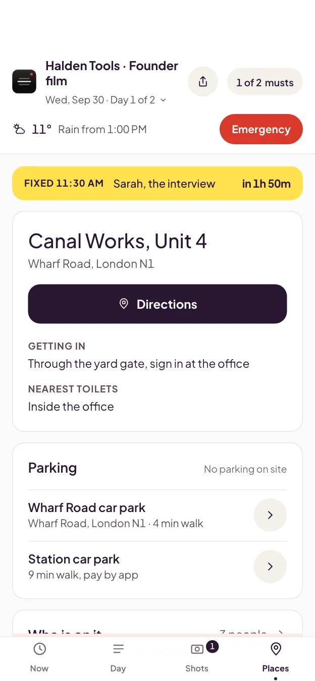 The Places tab: the location with directions, how to get in, parking, and who is on the shoot