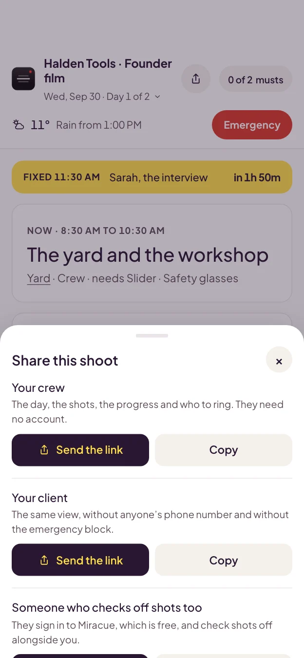 Share this shoot: separate links for the crew, the client, and anyone who checks off shots with you