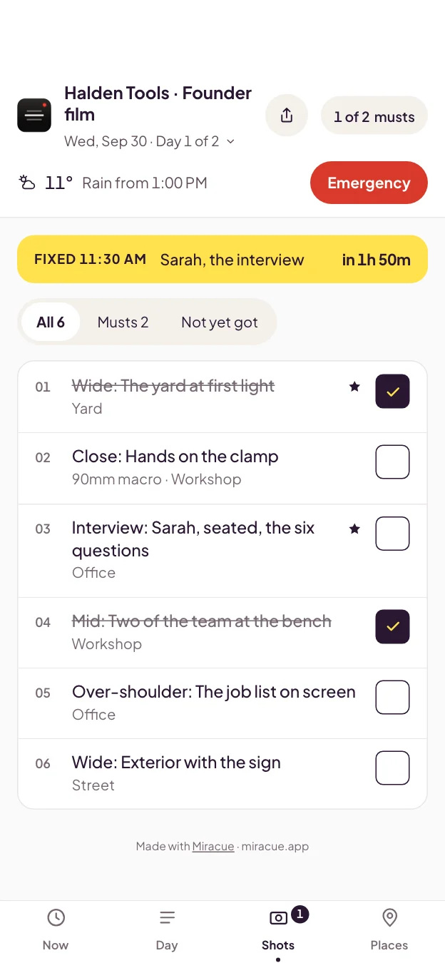 The Shots tab: the day's shot list, with each shot checked off as it is shot