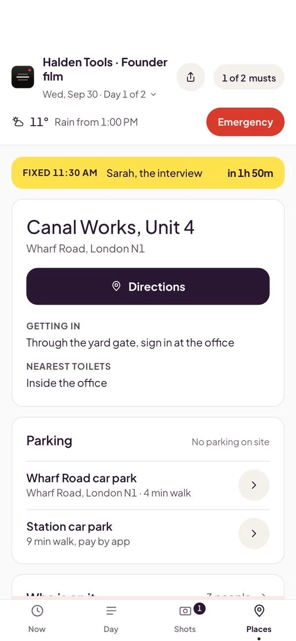The Places tab: the workshop address, how to get in, and where to park.
