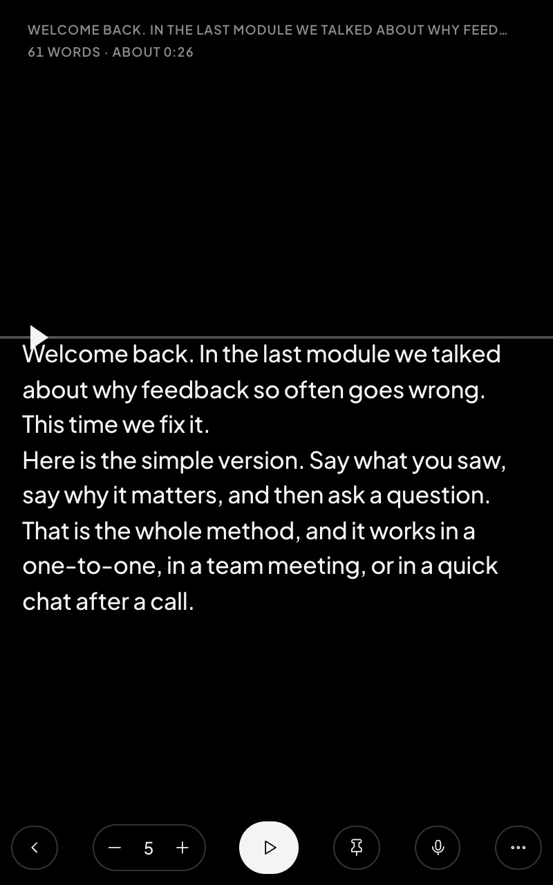 The Miracue side panel in Chrome showing a pasted script at reading size on black, the reading line, and controls along the bottom for speed, play, pin, microphone and more.