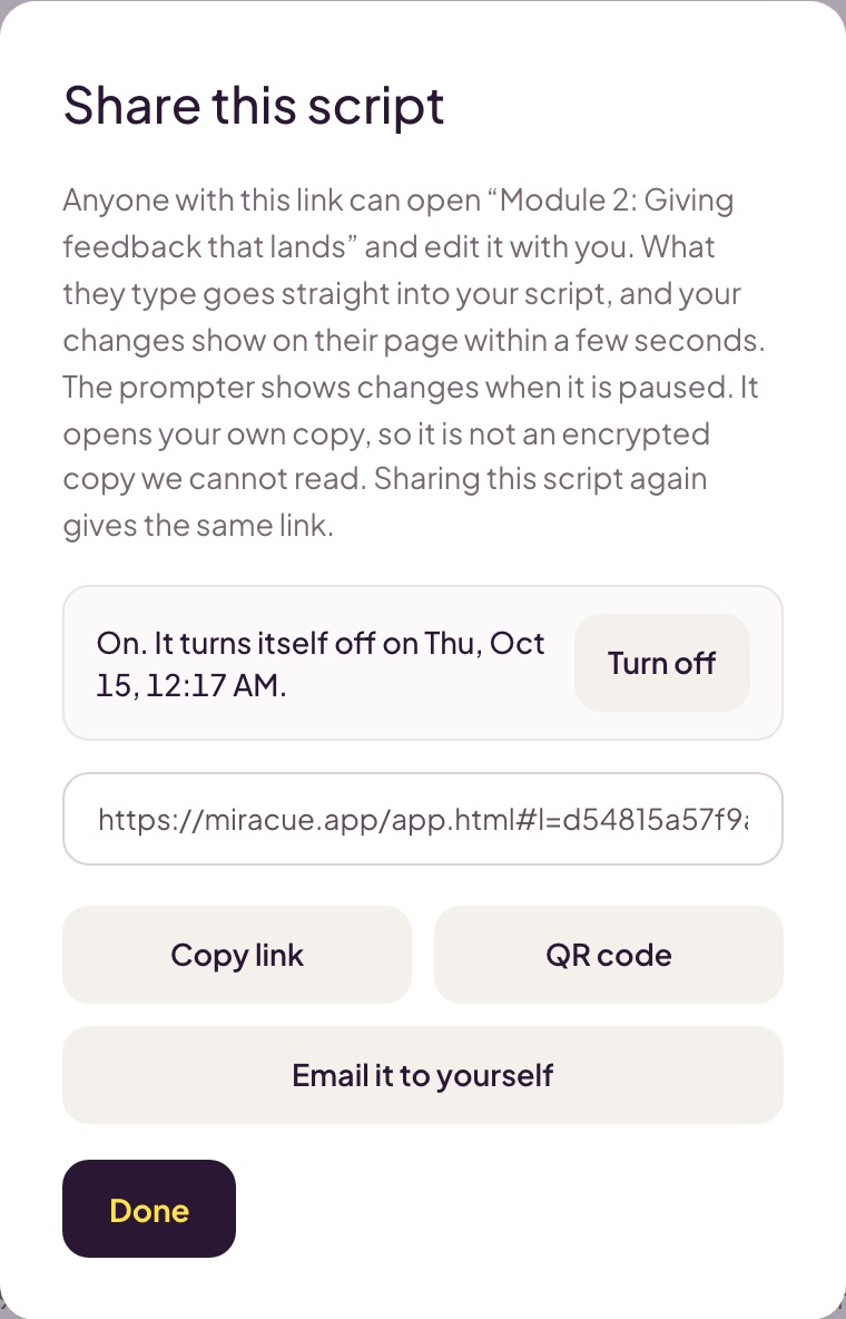 The Share this script panel: it explains that anyone with the link can edit the script, says the link is on and when it turns itself off, with a Turn off button, the link, and buttons for Copy link, QR code and Email it to yourself.