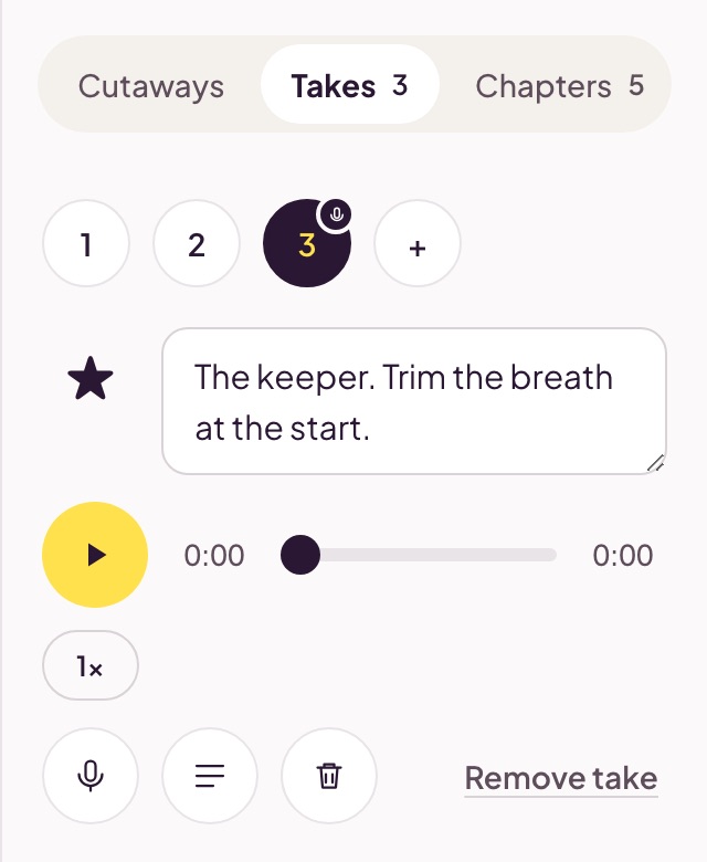 The Takes tab with takes 1, 2 and 3; take 3 is selected and starred, with the note The keeper. Trim the breath at the start, a voice note player, and buttons to record, transcribe and delete.