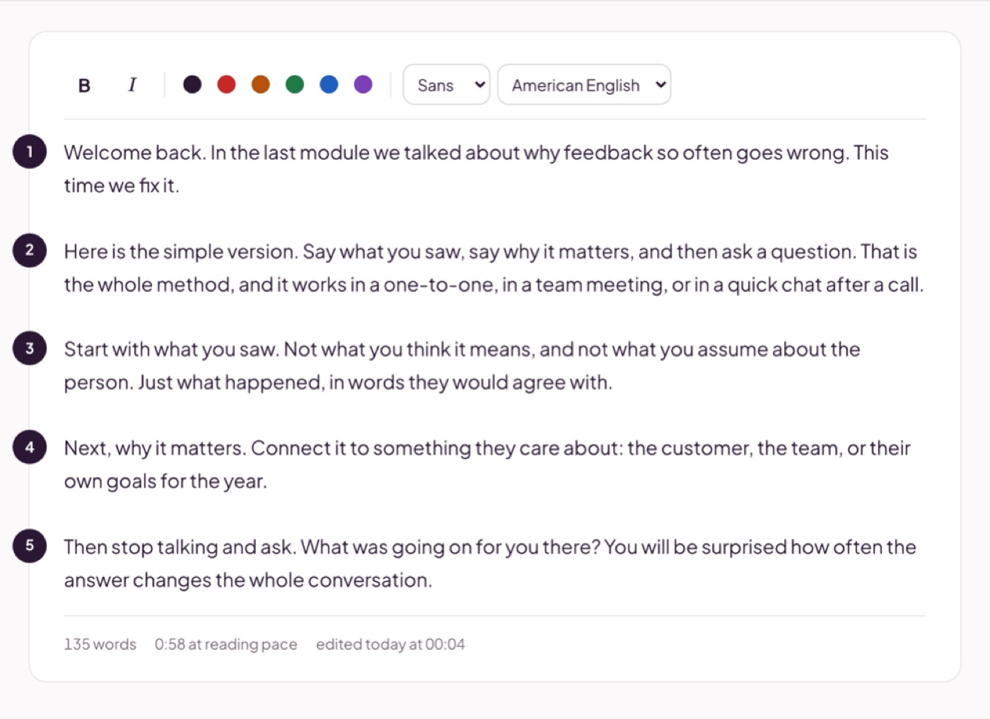 The Miracue script editor: a bar with bold, italic, six colors, a font menu set to Sans and a spelling menu set to American English, above a five-paragraph training script with numbered chapter markers, and a footer reading 135 words, 0:58 at reading pace.