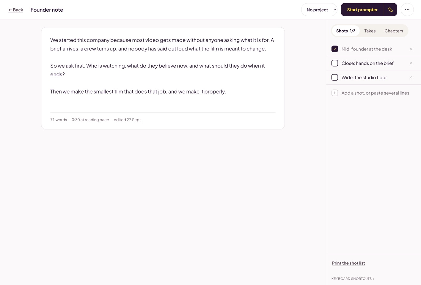 The Miracue editor on a desktop browser: a founder script on a white page, with the word count and reading time beneath it and the Start prompter button top right.