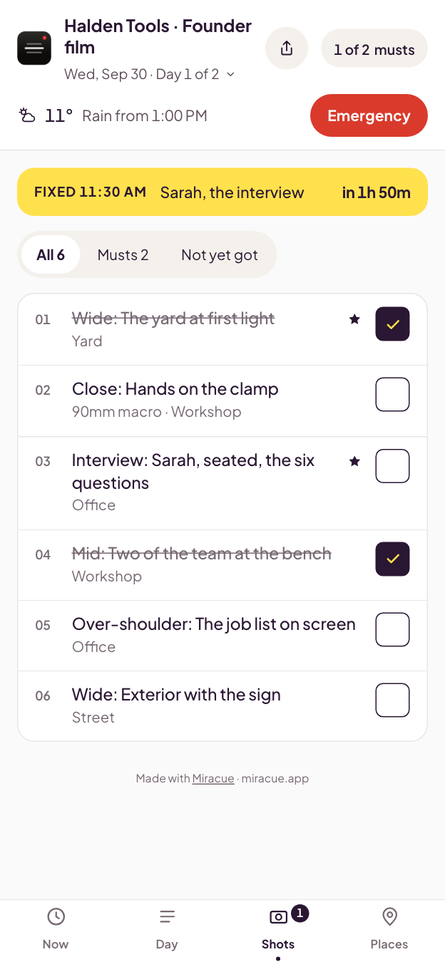 The Shots tab on a crew phone, with shots checked off as they are filmed.