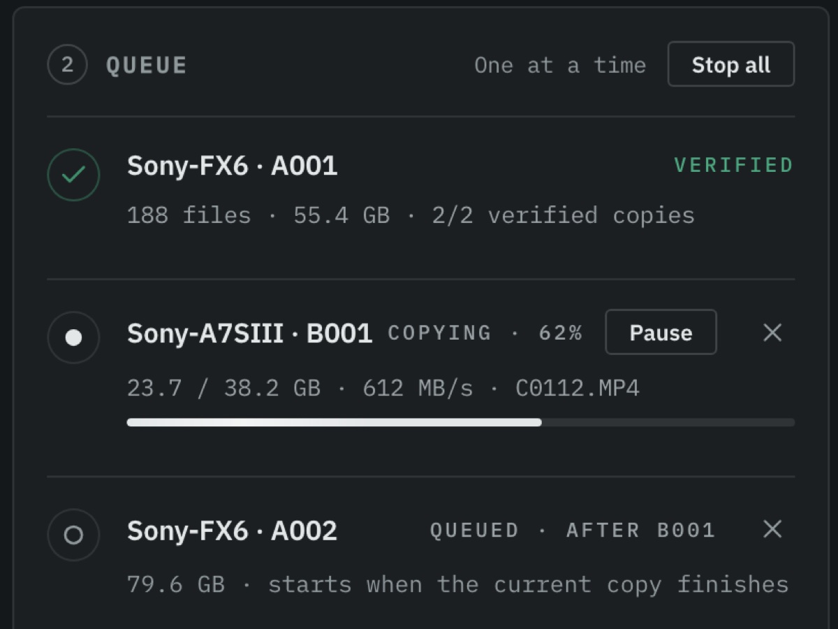 Stow's queue: one card verified with two copies, the next copying at 62 percent, a third waiting its turn.