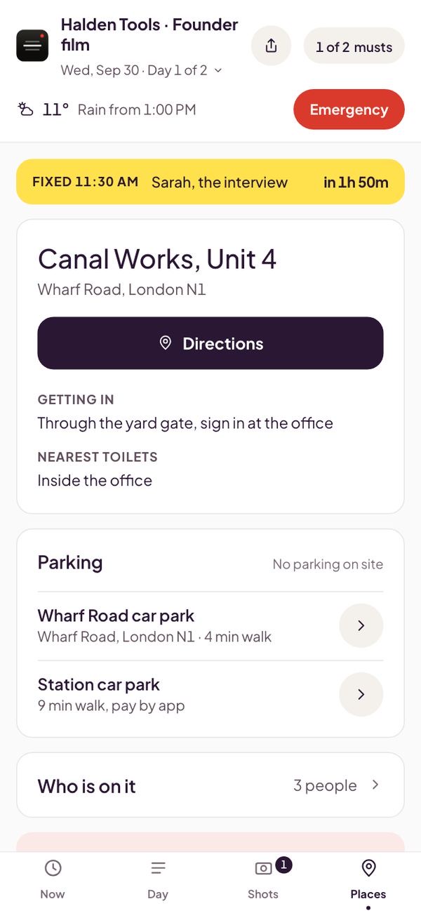 The Places tab: the address, how to get in, and where to park.