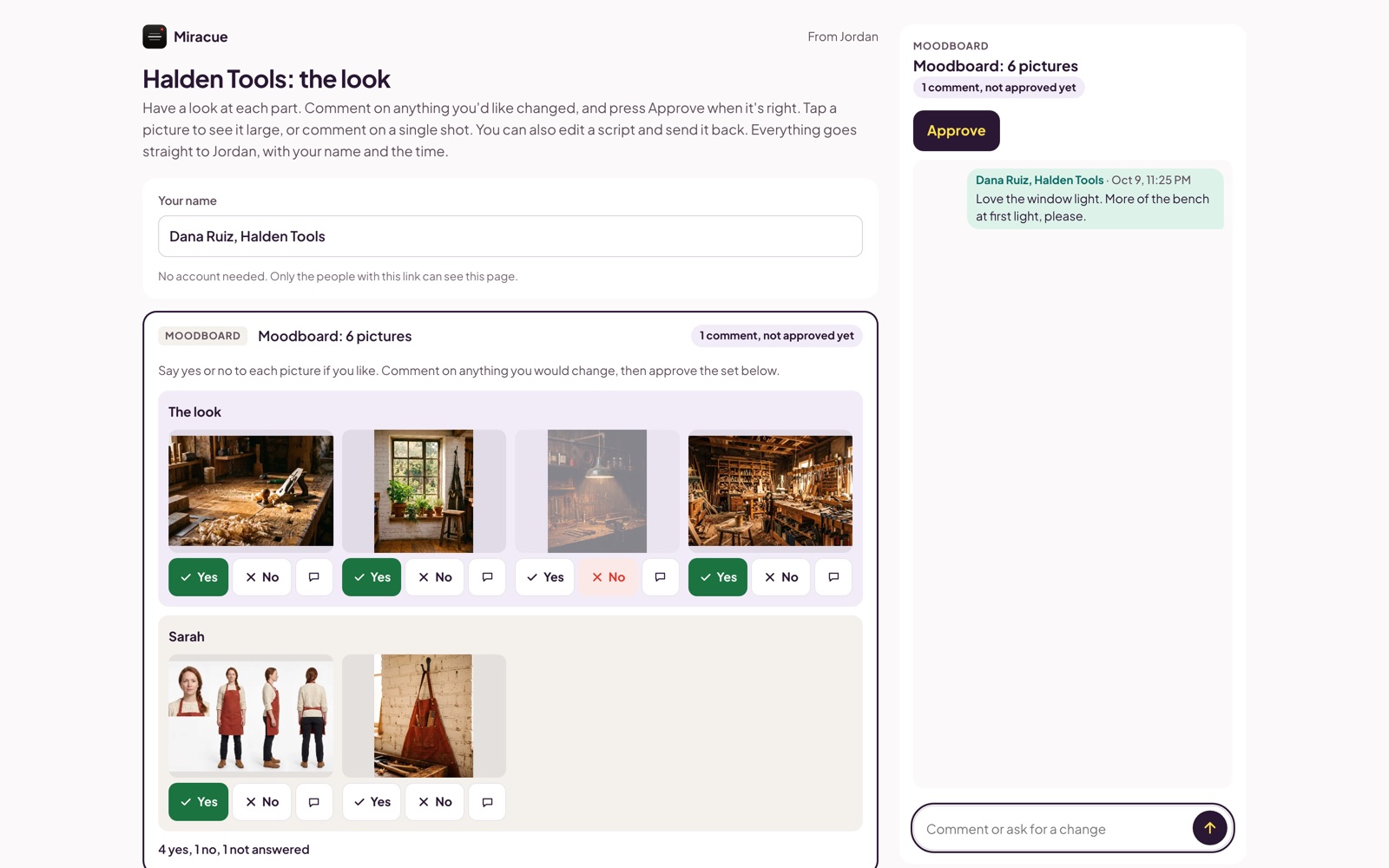 The client's approval page for six moodboard pictures in two groups, a Yes or No under each, their comment beside them, and the Approve button