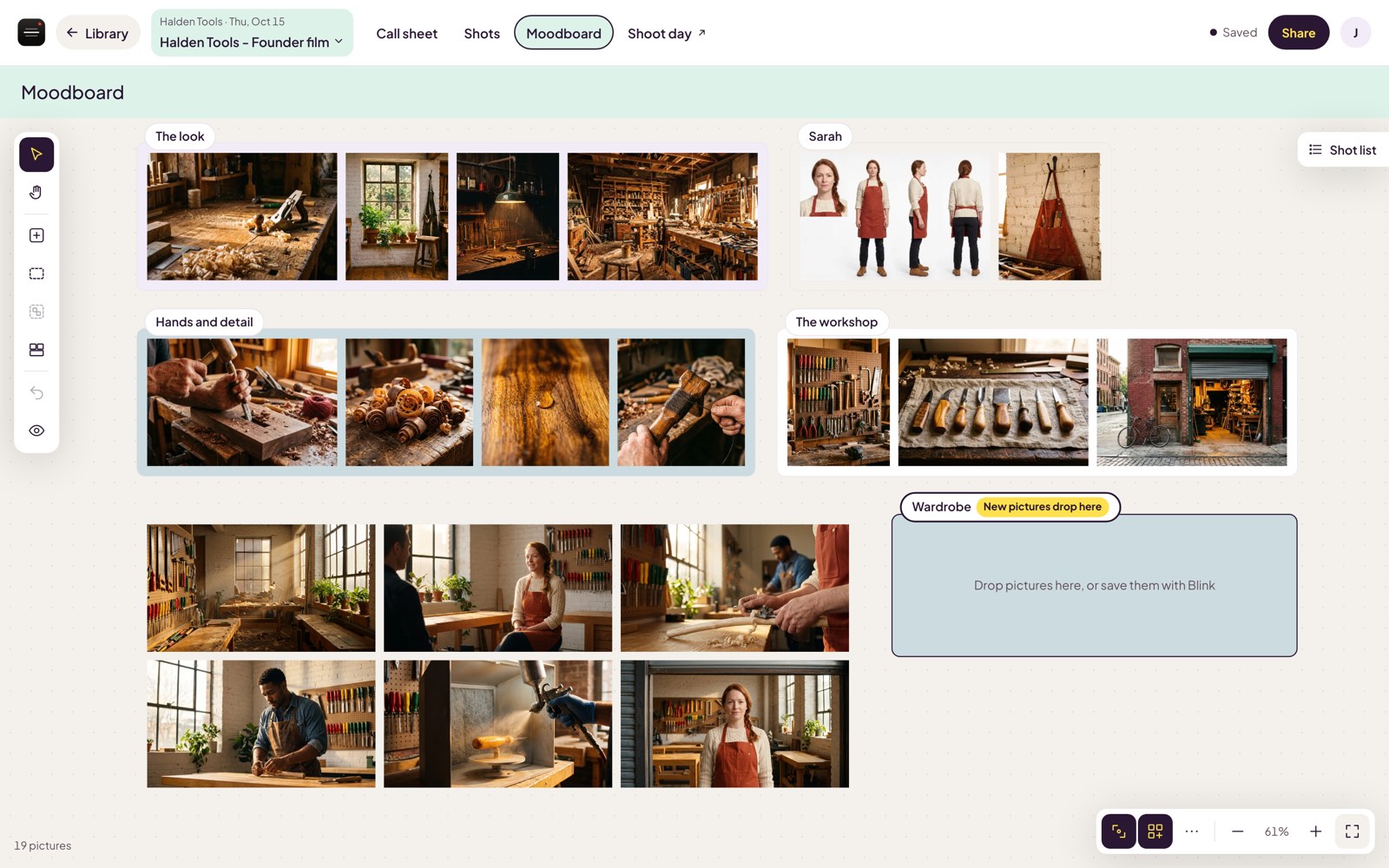 A moodboard for a woodworking brand's founder film: pictures grouped under The look, Sarah, Hands and detail and The workshop, shot frames below, and an empty Wardrobe group marked as the drop area