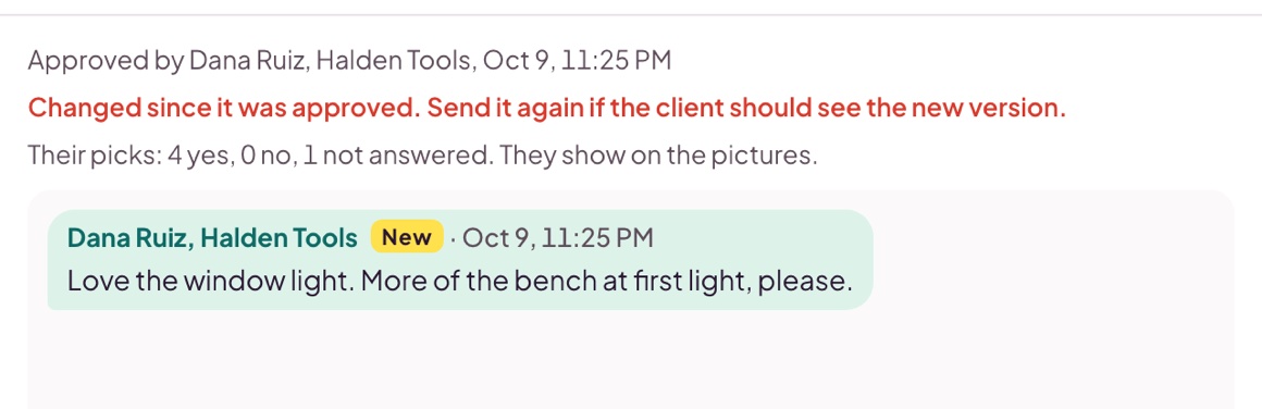 The producer's view of the approval: approved by the client with the date and time, a note that the set changed since it was approved, their picks, and their comment