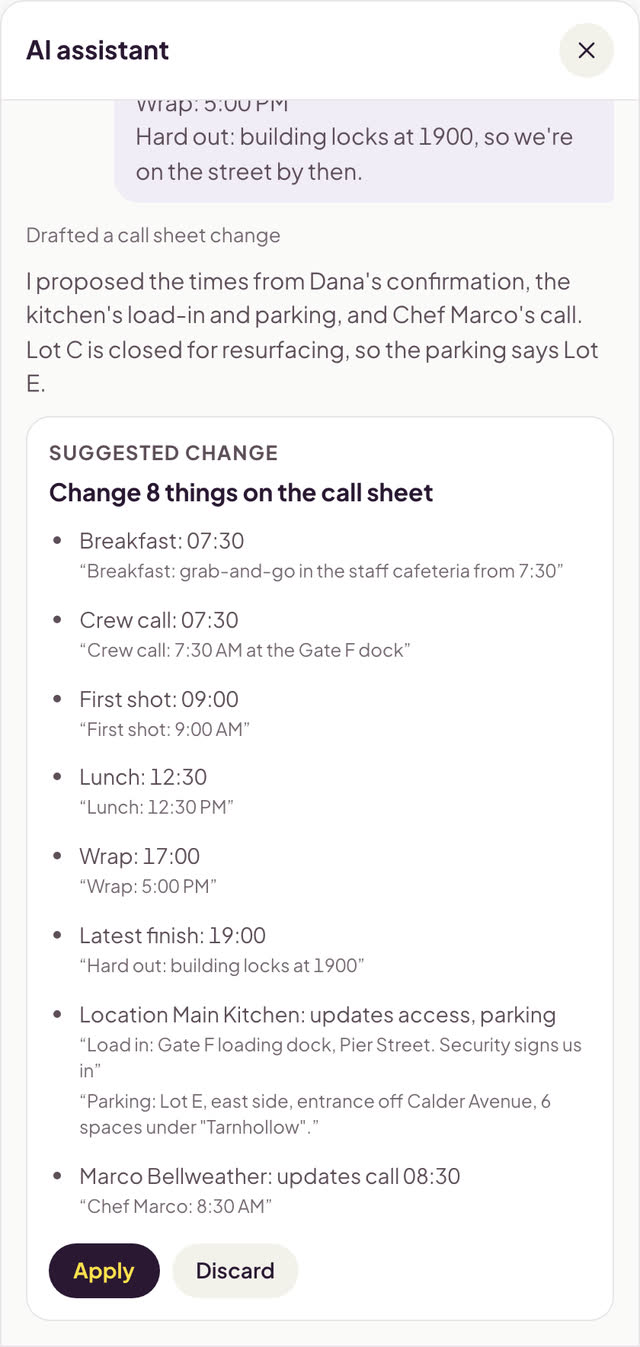 The assistant panel. Under the producer's pasted confirmation email, it suggests a change to the call sheet: breakfast, crew call, first shot, lunch, wrap and latest finish times, the kitchen's load-in and parking, and the chef's call time, each with the line it came from. Below the list are Apply and Discard buttons.