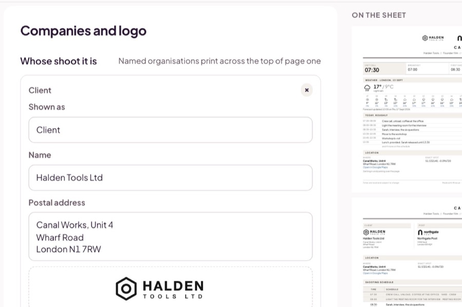 The Companies and logo step, with a client logo added.