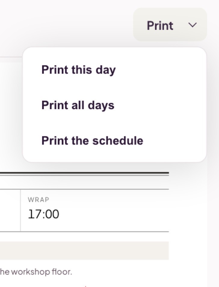 The Print menu: print this day, print all days, print the schedule.