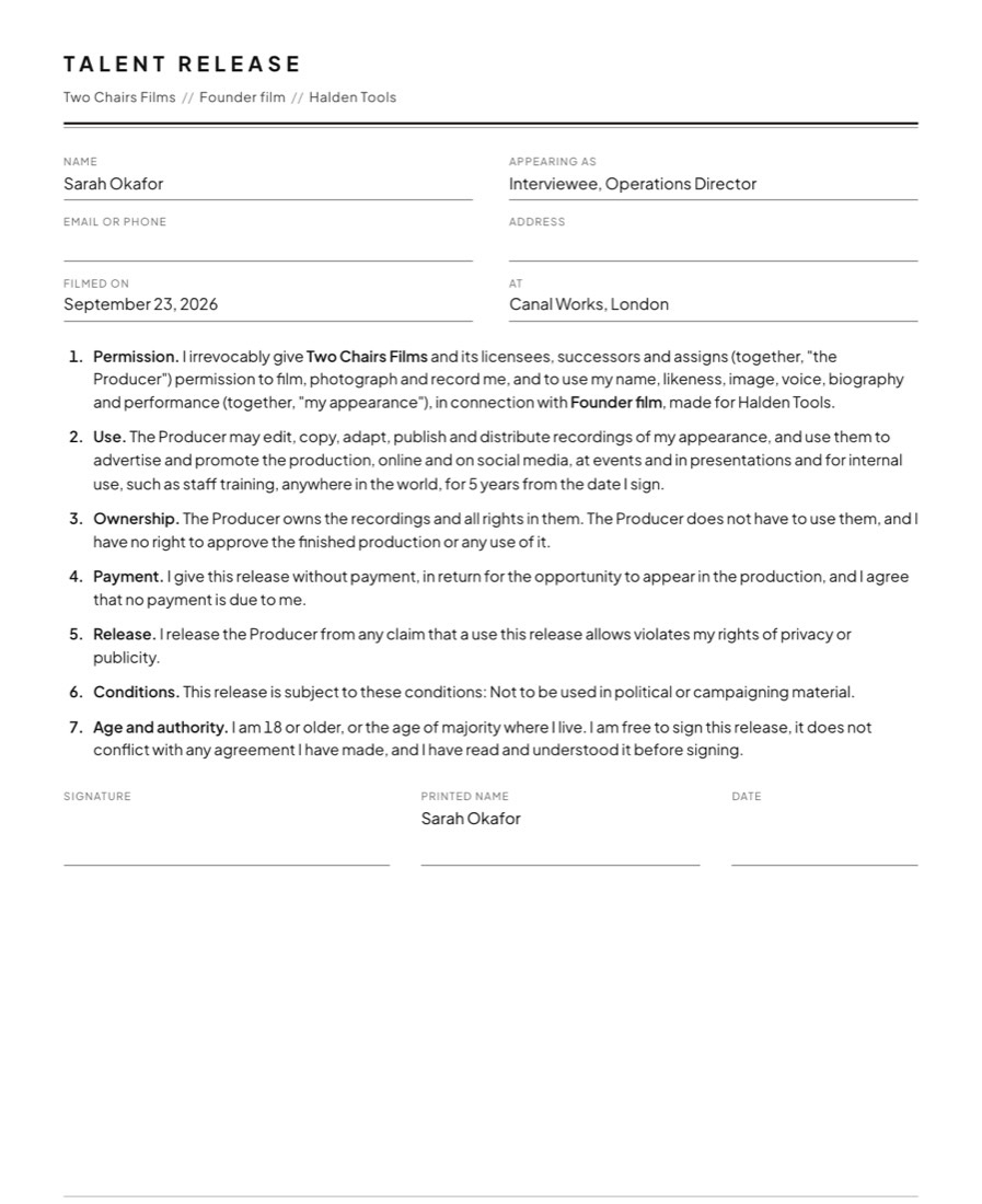 A filled-in talent release in US wording, ready to sign.