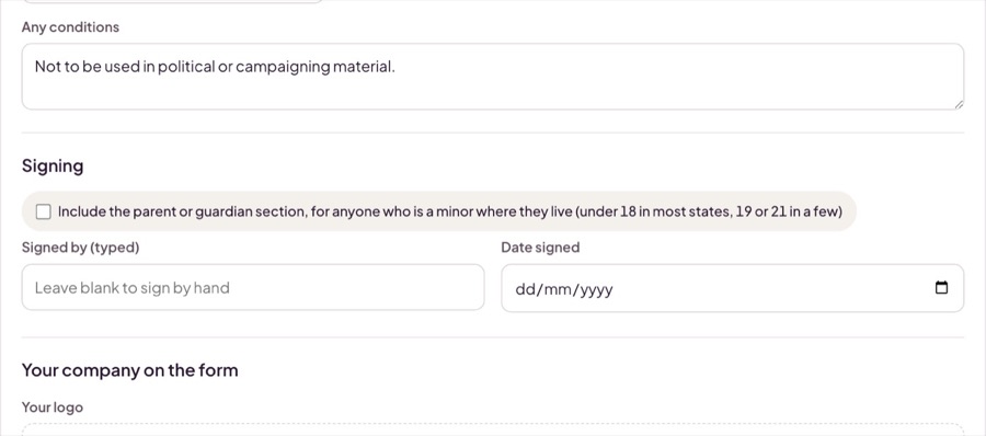 The signing section: the parent or guardian switch, a typed name, and the date signed.