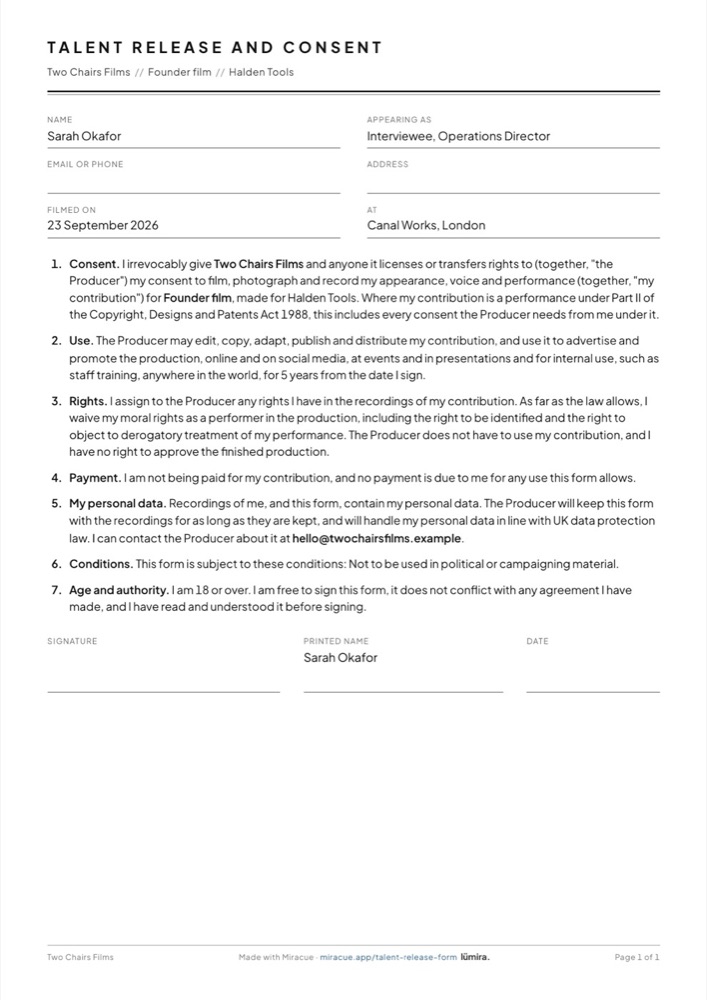 The same release in UK wording on A4, titled Talent release and consent.