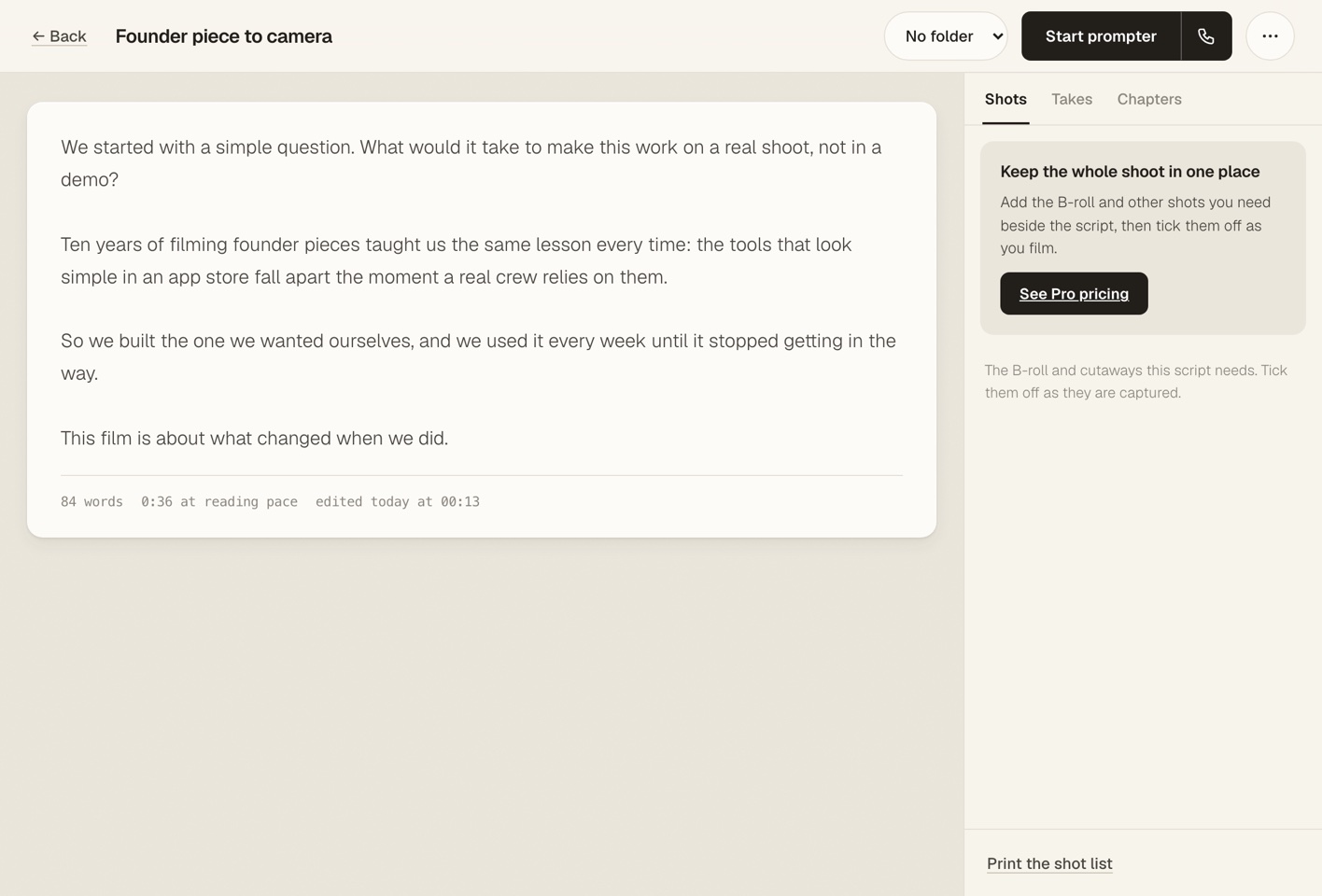 The Miracue editor on a desktop browser: a founder script on a paper page, with the word count and reading time beneath it and the Start prompter button top right.