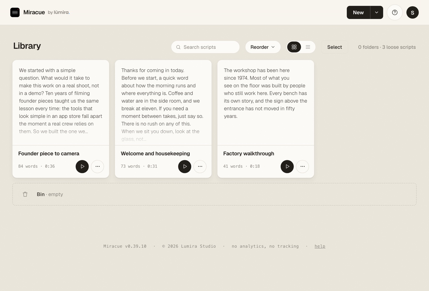 The Miracue library in a desktop browser holding three scripts, each showing its opening lines, word count and reading time.