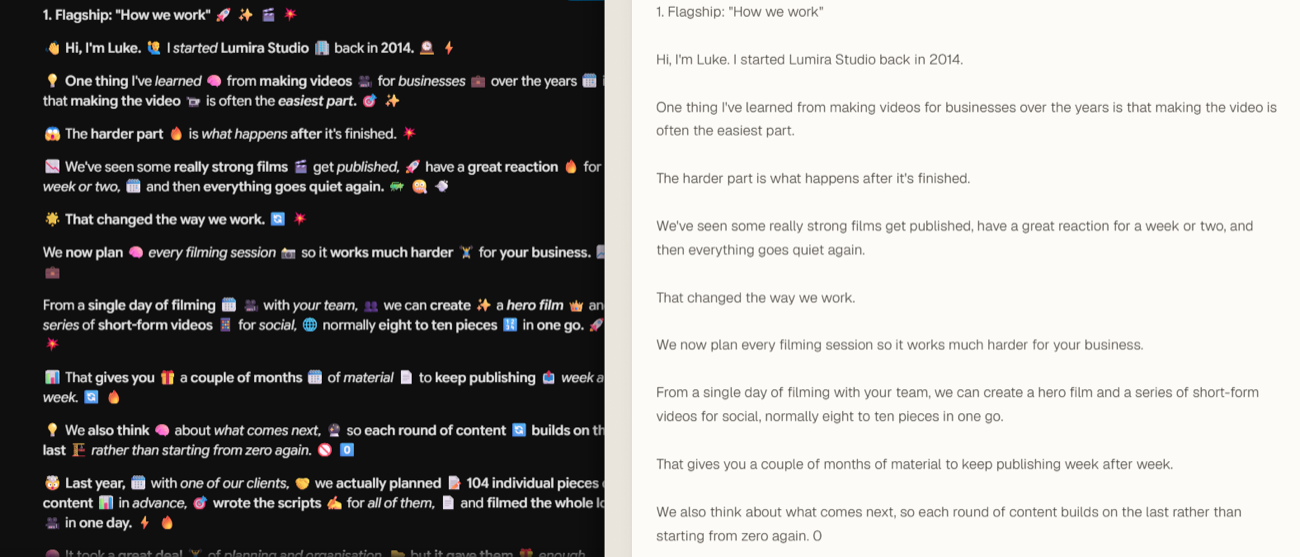 The same script document before and after the tidy-up prompt: on the left, text crowded with emoji, stage directions and mixed formatting; on the right, the clean script Miracue imports.