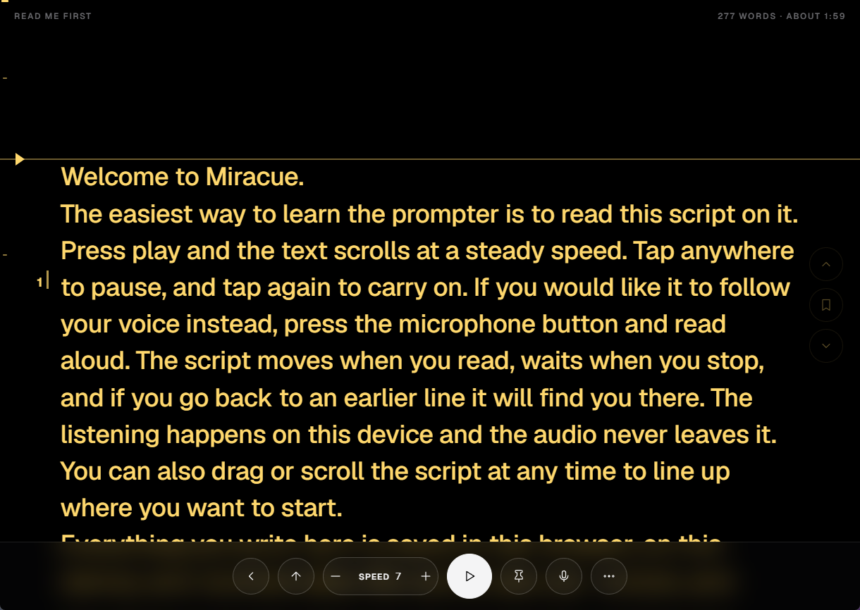 Miracue's prompter in call mode: the script at reading size with the reading line marked, and a rail holding speed, play, the pin and the microphone.