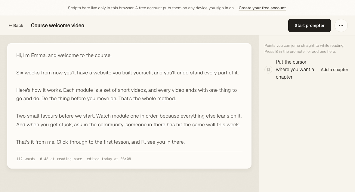 The Miracue editor holding a course welcome script, showing the word count and a 48-second estimated reading time.