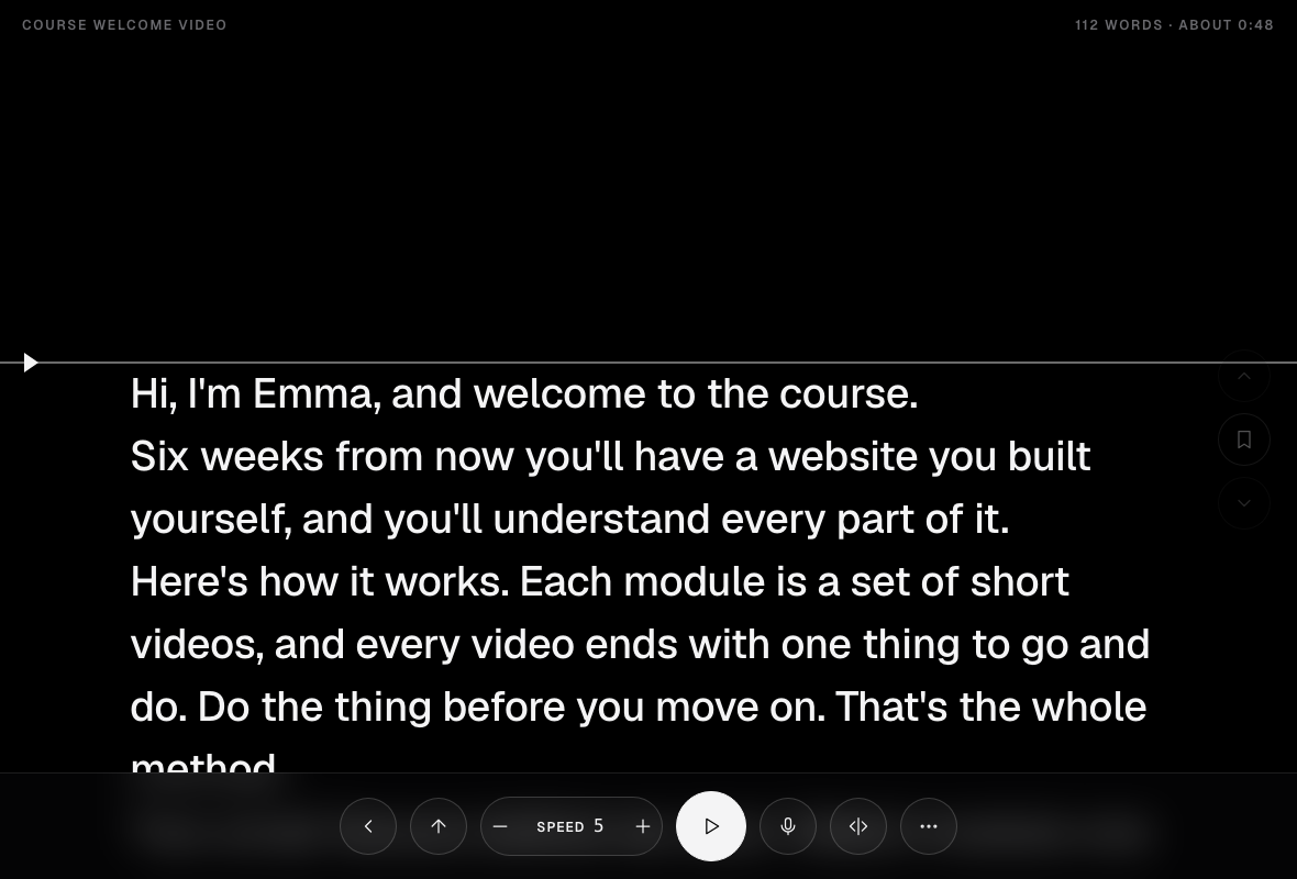 Miracue's prompter filling a browser window with large text, showing a course welcome script with speed, play and voice-follow controls along the bottom.