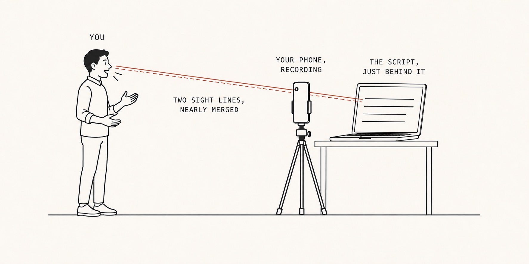 Side-view diagram: a presenter stands on the left, a phone on a tripod records from the middle, and an open laptop on a table directly behind it shows the script. Two nearly parallel sight lines run from the presenter's eyes, one to the phone's lens and one to the laptop screen.