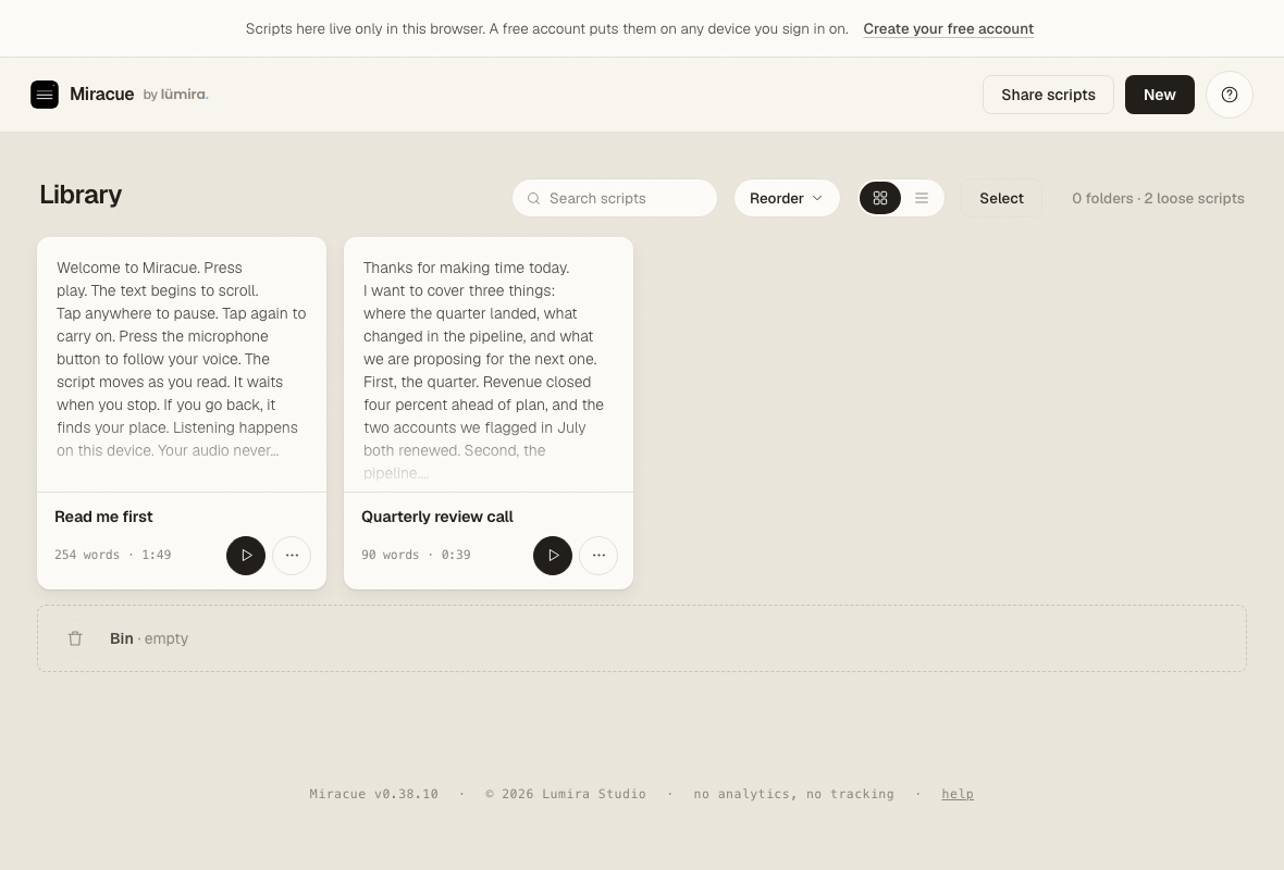 The Miracue library open in a browser as a guest, holding a quarterly review call script ready to play.